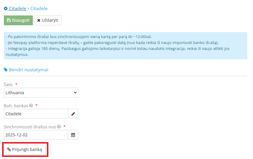 Adding Citadele integration service window